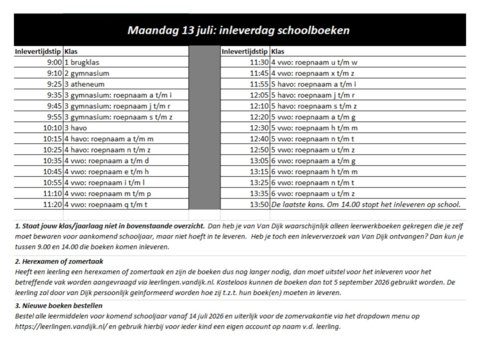 Inlevertijden schoolboeken - maandag 13 juli
